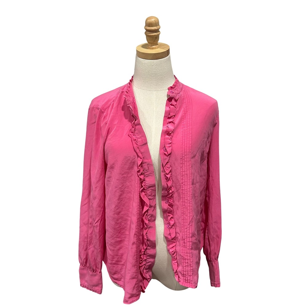 J.Crew Womens 8P Pink 100% Silk Ruffle Front Pintuck Long Sleeve Blouse Top